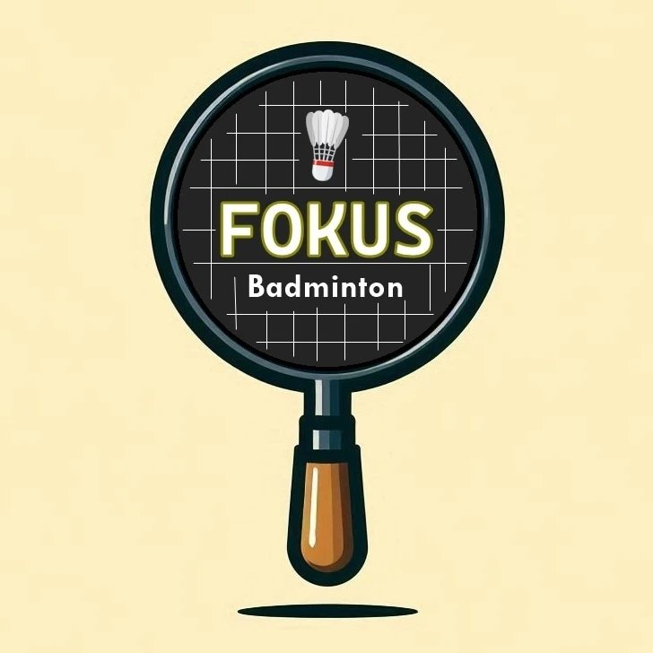 Logo Fokus Badminton: raket hitam bertuliskan Fokus Badminton dengan shuttlecock